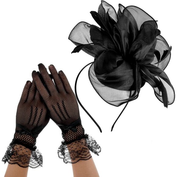 Vintage Black Feather Fascinator Hat with Lace Gloves for Tea Party Women Girl - Picture 2 of 8